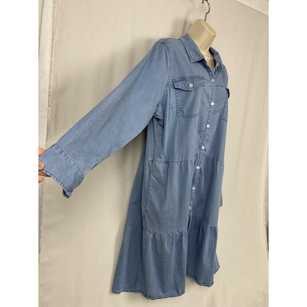 Belle BOHO Kim Gravel Chambray Dress Large Blue Denim Tiered Pockets Ruffle - Picture 4 of 13